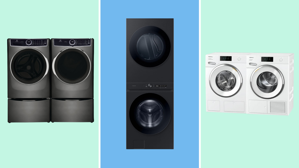 Washer-dryer sets by Electrolux, Samsung, and Miele against a color-blocked blue and green background.