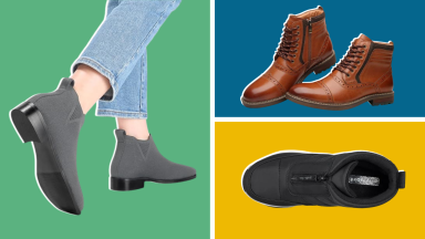 Collage of a pair of panted legs wearing a pair of gray Bacia Sock Ankle Boots, and of a pair of brown Arkbird Chelsea Boots and an aerial view of a single, black Easy Spirit Edele Cold Weather Casual Bootie.