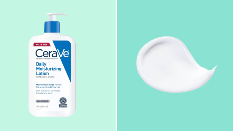 A bottle of CeraVe Daily Moisturizing Body Lotion next to a white dollop of the lotion.