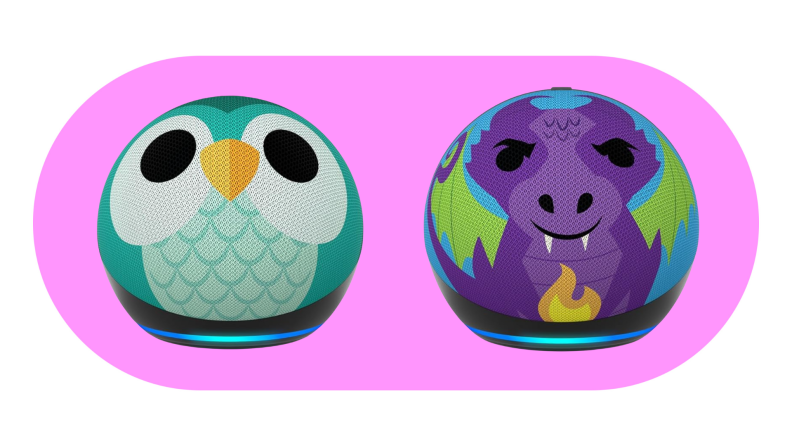 an owl and a dragon echo dots sit on a pink background