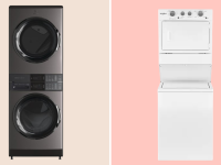 Electrolux and Whirlpool laundry centers appear on a pink background.