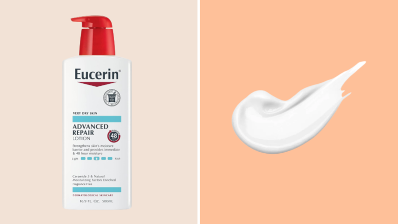 A bottle of Eucerin Advanced Repair Lotion next to a white dollop of the body lotion bottle.