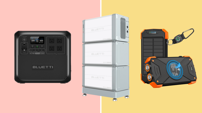 The Bluetti generators next to a handheld solar powered bank charger.
