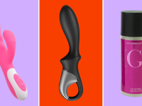 Adam and Eve vibrator next to an anal toy and lube