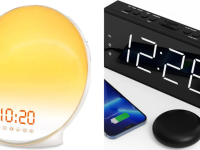 Two vibrating alarm clocks side by side on a white background