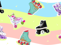 Roller skates and rollerblades against a green and cream background.