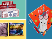 A box of playing cards on a teal background, two sequin pillows on a yellow background, and a unicorn kite on a blue background.