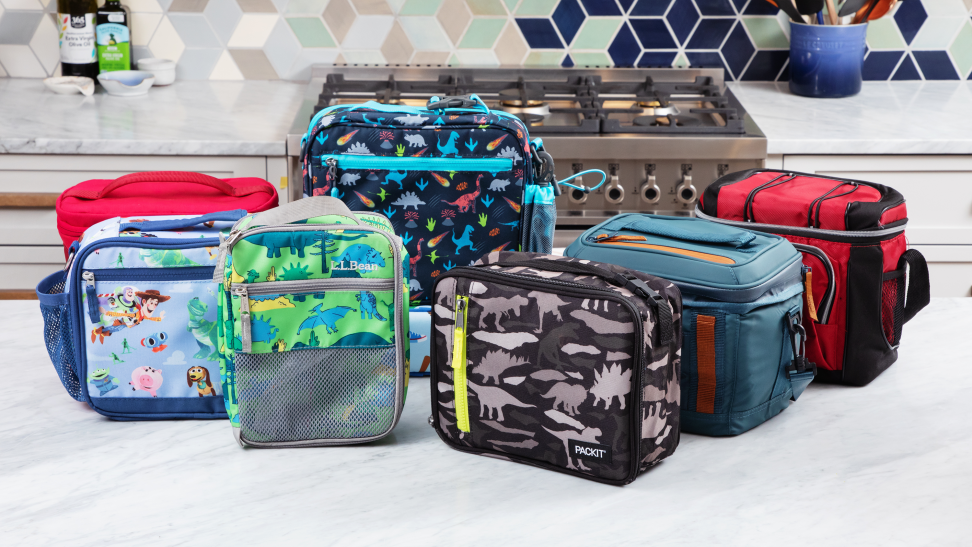 Eight colorful lunch coolers from brands like L.L. Bean, PackIt, Pottery Barn Kids, and Coleman sit on a kitchen counter.