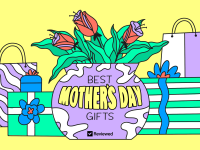 A cartoon graphic of several shopping and present boxes surrounding a vase of flowers.
