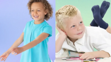 Children wearing clothing without tags or seams