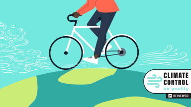 Graphic of a person riding a bicycle on the globe, with air currents in front of and behind the bicycle.