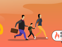 A drawing of three people running across an orange background with yellow flames chasing them