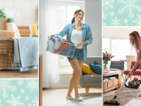 On left, wire basket filled with cleaning products and supplies. In middle, person walking through home indoors while holding clear bin filled with clothes. On right, person using vacuum to clean floors while barefoot indoors.