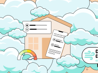 Cartoon graphic of house surrounded by clouds and air quality meter.
