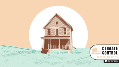 Illustration of a home in the middle of coastal flooding.