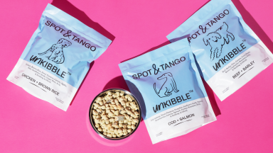 Three packs of spot and tango pet food next to a silver bowl of kibble on a pink background