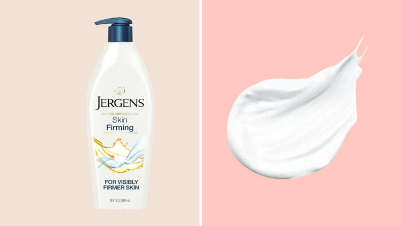 A bottle of Jergens Skin Firming body lotion next to a photo of the dollop of lotion.