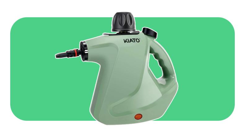 A light green Kiato handheld steam cleaner.
