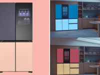 On left, product shot of the MoodUP refrigerator. On right, lifestyle shot of person standing in kitchen while admiring the different LED features on the MoodUP refrigerator.