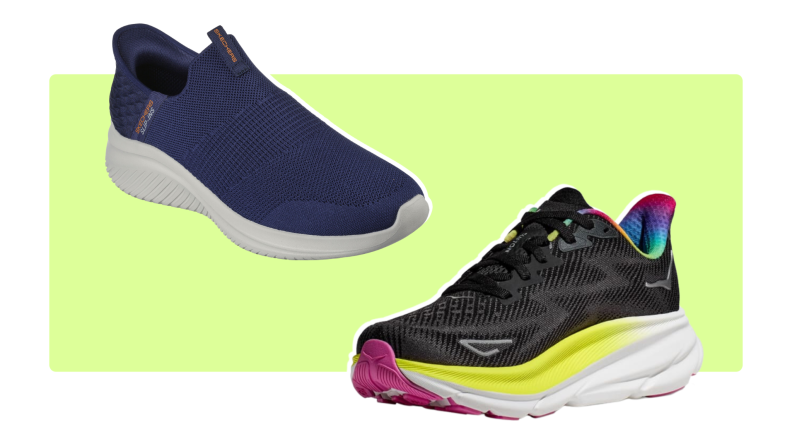 Clifton 9 and Ultra Flex shoes pictured together on a green and white background