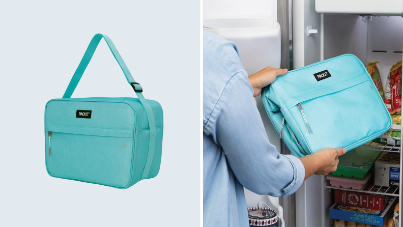 Left: PackIt Freezable Zuma Lunch Bag in teal against a light background. Right: a person putting the collapsed lunch bag into a freezer.
