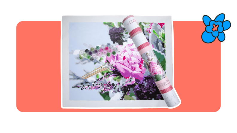 A Pink Picasso Paint by Numbers Kit with a portrait of a painted floral arrangement.
