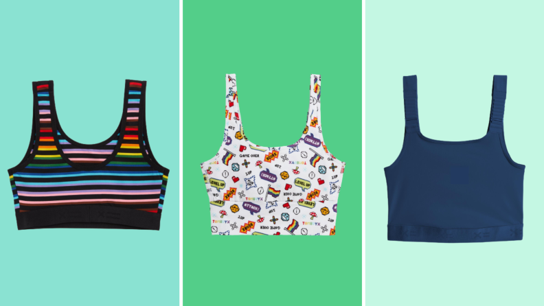 Three bras collaged against a colorful background: the first has rainbow stripes, the second had a graphic print, and the third is navy blue.