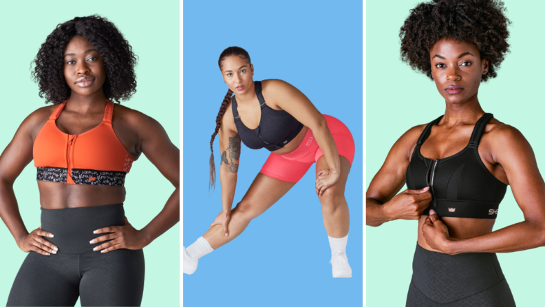 Three bras collaged against a colorful background, all worn by models: The first is an orange bra, the second is a blue bra, and the third is a black bra.