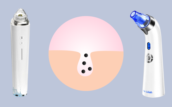 Two pore vacuums on a gray background with an illustration of a facial pore