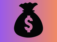 A large black money bag graphic on a orange and purple background