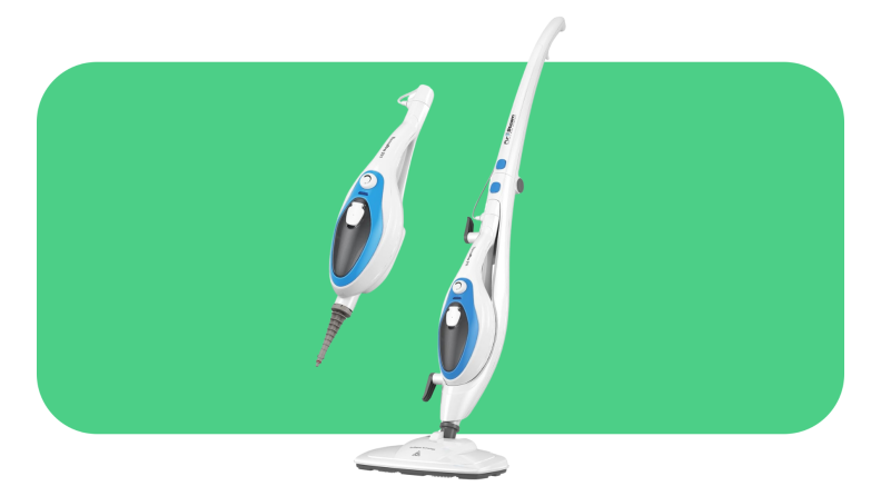 A white and blue PurSteam Therma Pro 211 steam cleaner in handheld and steam mop modes.