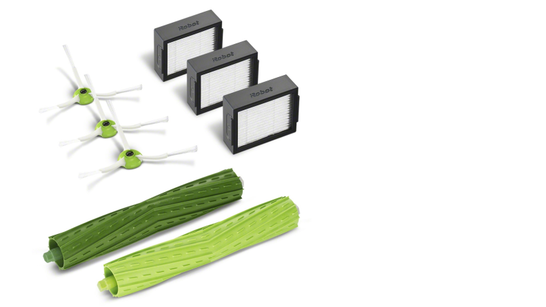 A set of replacement iRobot robot vacuum parts.