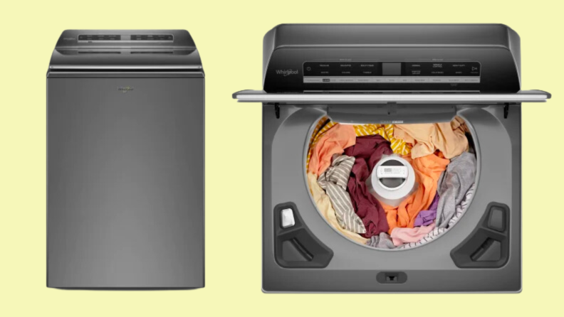 One of our best top-load washers, the Whirlpool WTW8127LC top-load washing machine floats in a white void. The first is a straight-on view, while the second is a top-down view looking into its wash drum, which is filled with colorful laundry.