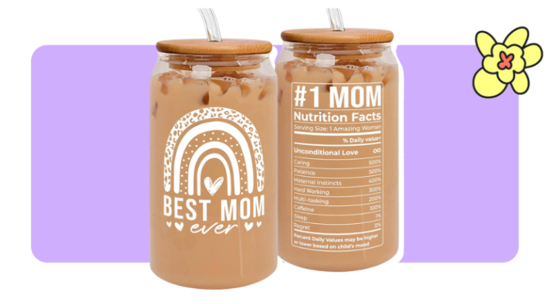 Two 16 ounce can glasses filled with iced coffees with printed words on front and back with straws.