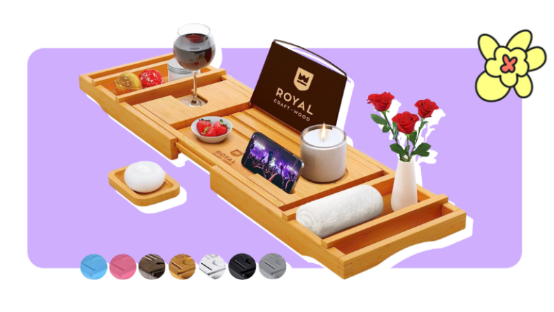 A wooden bath tray with assorted self-car items, a vase of red roses and a glass of wine in front of purple background with a yellow cartoon flower in the corner.