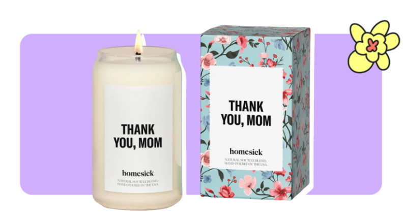 A "Thank You, Mom" candle from homesick next to printed floral box in front of purple background with a yellow cartoon flower in the corner.
