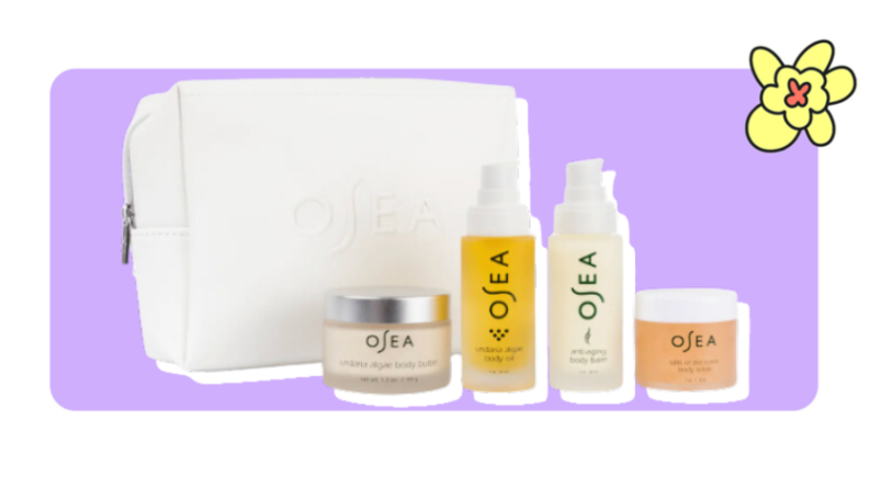 A set of Osea body oil, body balm, earth body scrub, and algae body butter set in front of a small cream pouch in front of purple background with a yellow cartoon flower in the corner.