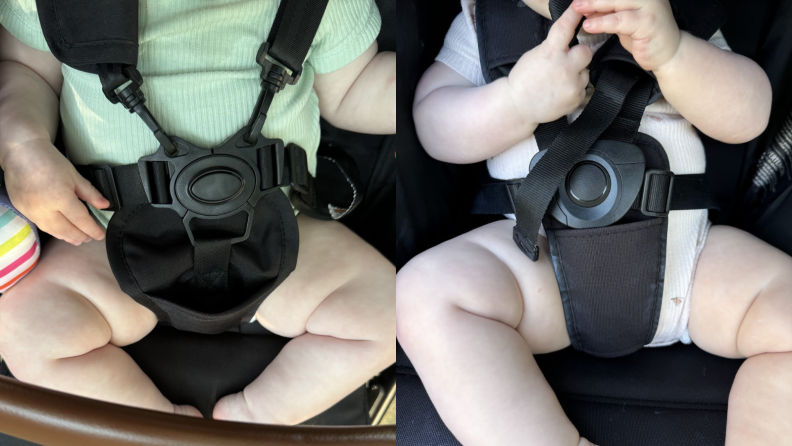 Side by side images of a baby in two strollers