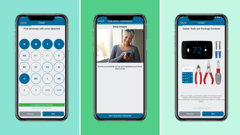 The images show the installation guide on the Sensi Smart Thermostat app.