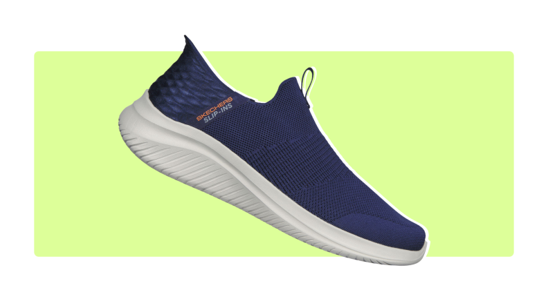 Blue Ultra Flex 3.0 slip-ons on a light green background