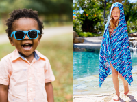 Kids wearing Babiators glasses and UVSkinz towel