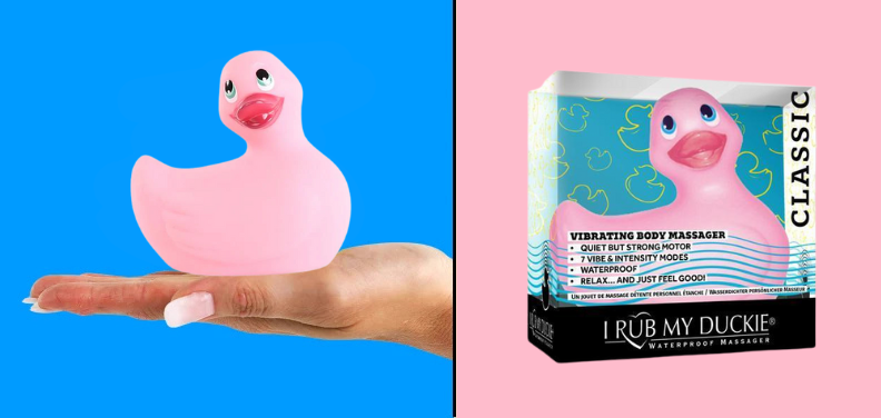 A collage of a hand holding the Rub My Duckie vibrator in the palm of their hand and the box package for the Rub My Duckie vibrator.