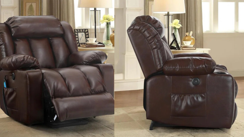A brown leather Latitude Run recliner for Elderly pictured from front and side angles