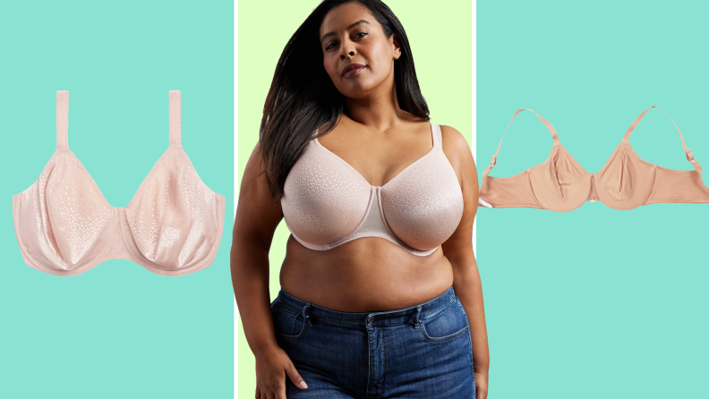 Woman and bras on colorful background