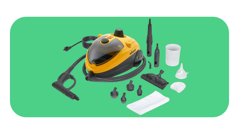 A yellow and black Wagner Spraytech 905e steam cleaner with its attachment heads surrounding it.