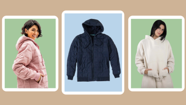 On left, person smiling while wearing pink weighted hoodie with hand in pocket. In middle, navy blue weighted zip-up hoodie. On right, person wears sand colored pullover weighted hoodie with hands inside of front pocket.